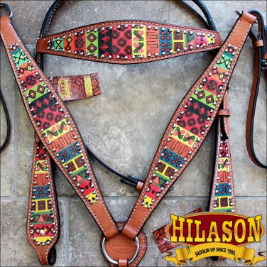 HILASON WESTERN LEATHER HORSE TACK BRIDLE HEADSTALL BREAST COLLAR AZTEC
