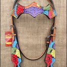 HILASON WESTERN LEATHER HORSE BRIDLE HEADSTALL HAND PAINT RAINBOW