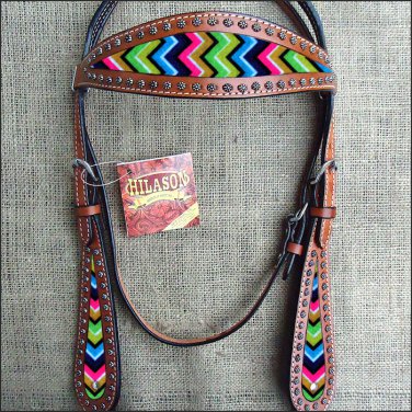 HILASON WESTERN LEATHER HORSE HEADSTALL BRIDLE MAHOGANY AZTEC INLAY