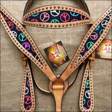 HILASON WESTERN LEATHER HORSE HEADSTALL BREAST COLLAR TAN W/ PEACE SIGN