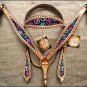 HILASON WESTERN LEATHER HORSE HEADSTALL BREAST COLLAR TAN W/ PEACE SIGN