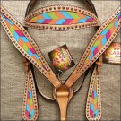 HILASON WESTERN LEATHER HORSE HEADSTALL BREAST COLLAR TAN CHEVRON INLAY