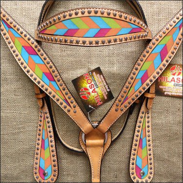 HILASON WESTERN LEATHER HORSE HEADSTALL BREAST COLLAR TAN CHEVRON INLAY