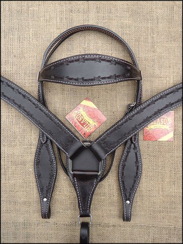 HILASON WESTERN LEATHER HORSE HEADSTALL BREAST COLLAR BARB WIRE HAND TOOL BLACK