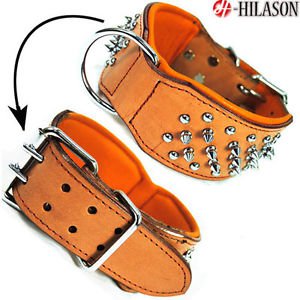 F-DC104 Tan Leather Spiked Studded Dog collar Sz- MED