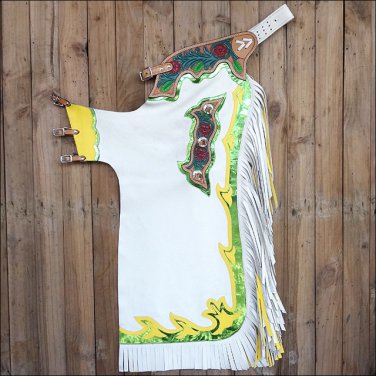 CH801AF HILASON BRONC BULL RIDING SMOOTH LEATHER RODEO WESTERN CHAPS WHITE GREEN