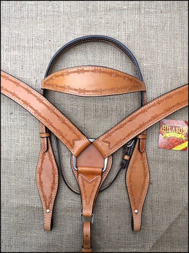 HILASON WESTERN HAND TOOL BARB WIRE LEATHER HORSE BRIDLE HEADSTALL BREAST COLLAR