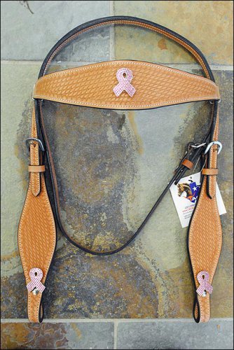 HILASON WESTERN LEATHER HORSE HEADSTALL W/ BREAST CANCER CONCHO