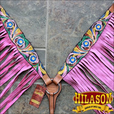 HILASON WESTERN LEATHER HORSE BREAST COLLAR HAND PAINT W/ FRINGES