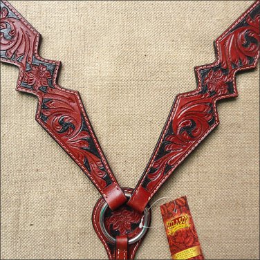S7 HILASON WESTERN HAND TOOL LEATHER HORSE BREAST COLLAR MAHOGANY w/ BLACK INLAY