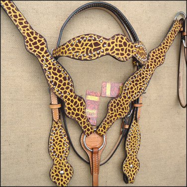 HILASON WESTERN LEATHER BRIDLE HEADSTALL BREAST COLLAR CHEETAH LEOPARD PRINT