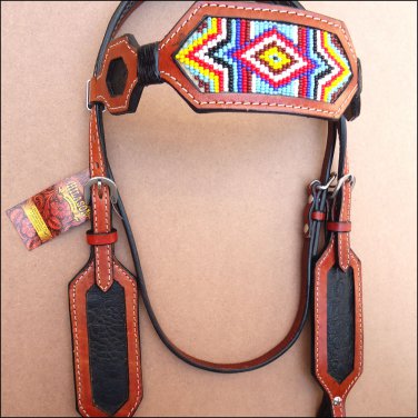 HILASON WESTERN LEATHER BRIDLE HEADSTALL MAHOGANY BEADED INLAY HAIR TASSEL