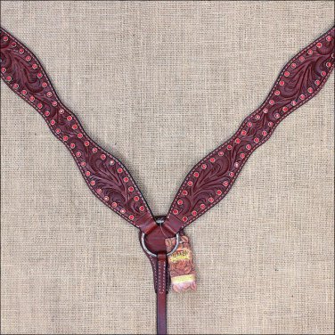 NEW HILASON WESTERN LEATHER HORSE BREAST COLLAR MAHOGANY w/ RED RHINESTONES