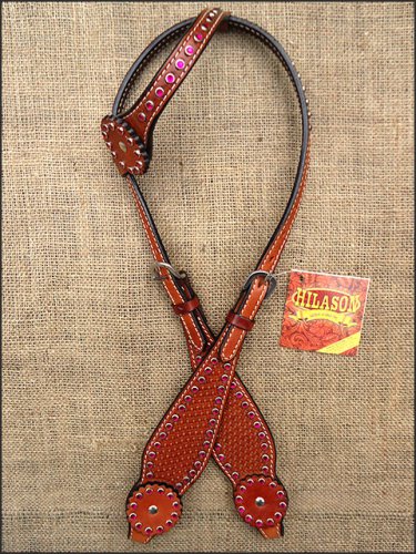 S02M HILASON WESTERN LEATHER HORSE ONE EAR BRIDLE HEADSTALL MAHOGANY RHINESTONES