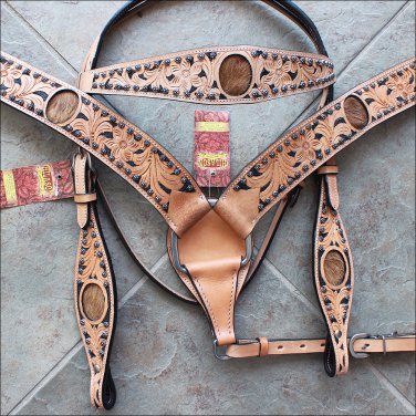 V1 HILASON WESTERN LEATHER HORSE HEADSTALL BRIDLE BREAST COLLAR TAN BLACK