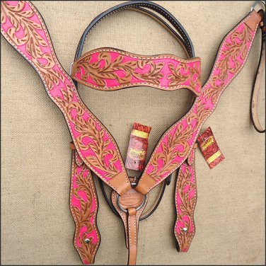 HILASON WESTERN LEATHER HORSE BRIDLE HEADSTALL BREAST COLLAR TAN PINK HAND PAINT