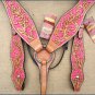 HILASON WESTERN LEATHER HORSE BRIDLE HEADSTALL BREAST COLLAR TAN PINK HAND PAINT