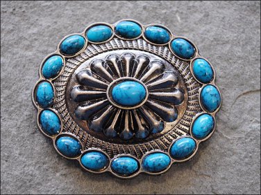 SET OF 2 TURQUOISE OVAL ANTIQUE NICKLE RHINESTONE CONCHOS BLING HEADSTALL TACK
