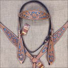 HILASON WESTERN LEATHER HORSE BRIDLE HEADSTALL BREAST COLLAR TAN TURQUOISE INLAY