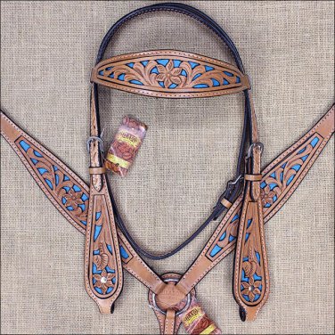 HILASON WESTERN LEATHER HORSE BRIDLE HEADSTALL BREAST COLLAR TAN TURQUOISE INLAY