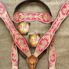 HILASON WESTERN LEATHER HORSE HEADSTALL BREAST COLLAR PINK HAND PAINT W/ CONCHO
