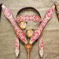 HILASON WESTERN LEATHER HORSE HEADSTALL BREAST COLLAR PINK HAND PAINT W/ CONCHO