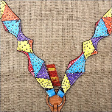 V1 HILASON WESTERN LEATHER HORSE BREAST COLLAR HAND PAINT RAINBOW
