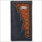 JUSTIN BLACK SHRUNKEN LEATHER TRIM WESTERN RODEO MENS WALLET BROWN INLAY