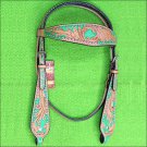 HILASON WESTERN LEATHER HORSE BRIDLE HEADSTALL TAN GREEN HAND PAINT