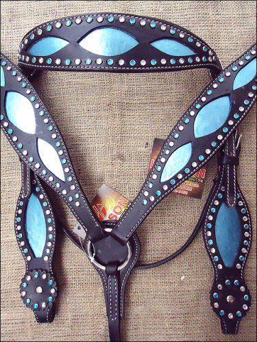 HILASON WESTERN HORSE HEADSTALL BREAST COLLAR BRIDLE W/ TURQUOISE LEATHER INLAY