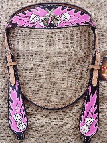 HILASON WESTERN LEATHER HORSE BRIDLE HEADSTALL DICE FLAMES CONCHO