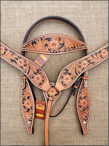 S8 HILASON WESTERN LEATHER HORSE BRIDLE HEADSTALL BREAST COLLAR LIGHT OIL BLACK