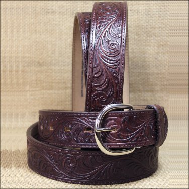 42" LEEGIN DARK BROWN WESTERN SCROLL TOOLED LEATHER MEN BELT 1-1/2" WIDE