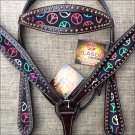 HILASON WESTERN LEATHER HORSE HEADSTALL BREAST COLLAR DARK BROWN W/ PEACE SIGN
