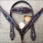HILASON WESTERN LEATHER HORSE HEADSTALL BREAST COLLAR DARK BROWN W/ PEACE SIGN
