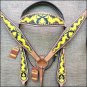 HILASON WESTERN LEATHER HORSE HEADSTALL BREAST COLLAR YELLOW BLACK CROSS GUN