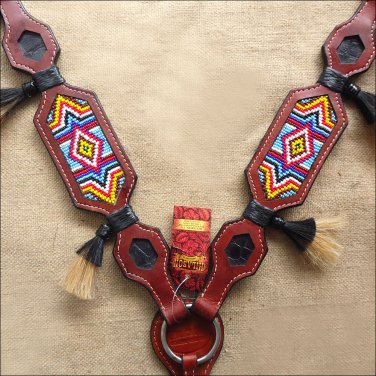 HILASON WESTERN LEATHER BREAST COLLAR BEADED INLAY HORSE HAIR MAHOGANY