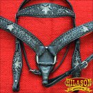 HILASON WESTERN LEATHER HORSE HEADSTALL BREAST COLLAR BLACK BLING STAR INLAY
