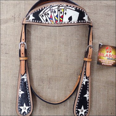 SS22 HILASON WESTERN LEATHER HORSE BRIDLE HEADSTALL BLACK W/ HAND PAINT CARDS