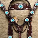 HILASON WESTERN LEATHER HORSE BRIDLE HEADSTALL BREAST COLLAR BROWN BLUE CONCHOS