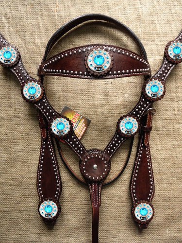 HILASON WESTERN LEATHER HORSE BRIDLE HEADSTALL BREAST COLLAR BROWN BLUE CONCHOS