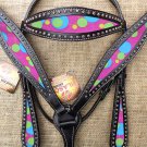 HILASON WESTERN LEATHER HORSE HEADSTALL BREAST COLLAR BLACK BUBBLES INLAY