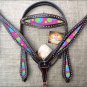 HILASON WESTERN LEATHER HORSE HEADSTALL BREAST COLLAR BLACK BUBBLES INLAY