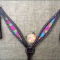 HILASON WESTERN LEATHER HORSE HEADSTALL BREAST COLLAR BLACK BUBBLES INLAY