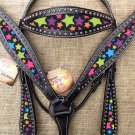 HILASON WESTERN LEATHER HORSE HEADSTALL BREAST COLLAR BLACK W/ STAR INLAY