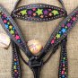 HILASON WESTERN LEATHER HORSE HEADSTALL BREAST COLLAR BLACK W/ STAR INLAY