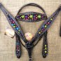 HILASON WESTERN LEATHER HORSE HEADSTALL BREAST COLLAR BLACK W/ STAR INLAY