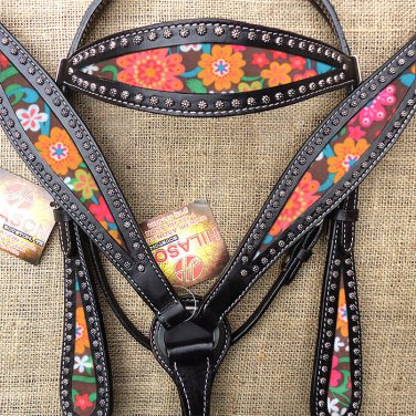 HILASON WESTERN LEATHER HORSE HEADSTALL BREAST COLLAR BLACK W/ FLORAL INLAY
