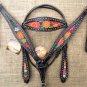 HILASON WESTERN LEATHER HORSE HEADSTALL BREAST COLLAR BLACK W/ FLORAL INLAY