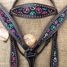 HILASON WESTERN LEATHER HORSE HEADSTALL BREAST COLLAR BLACK W/ PEACE SIGN